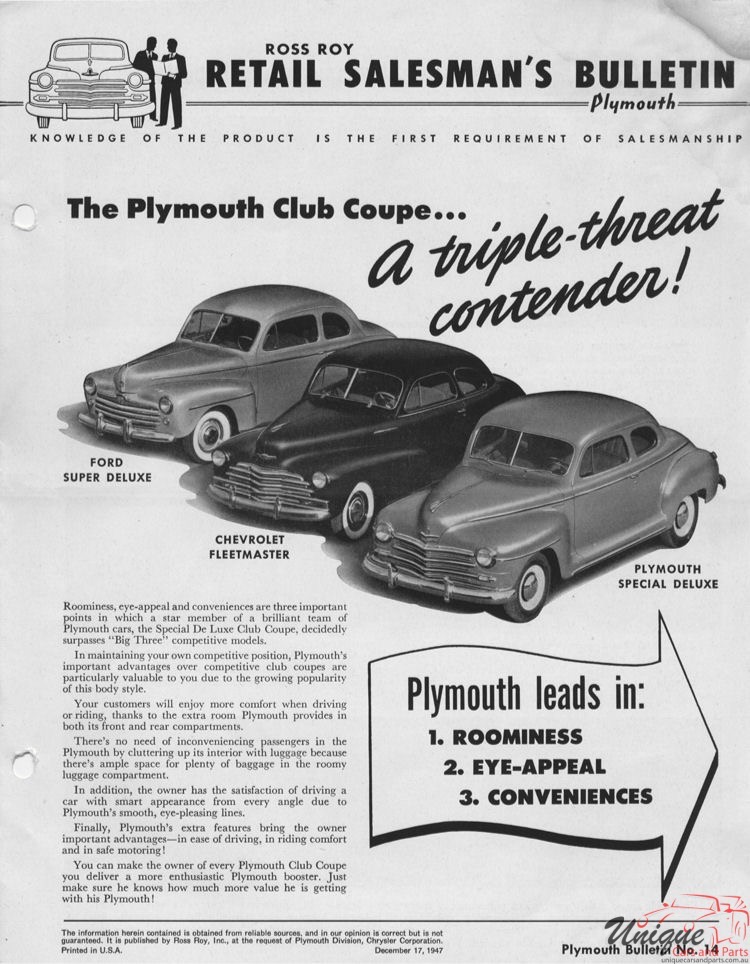 1947 Plymouth P15 Sales Guide